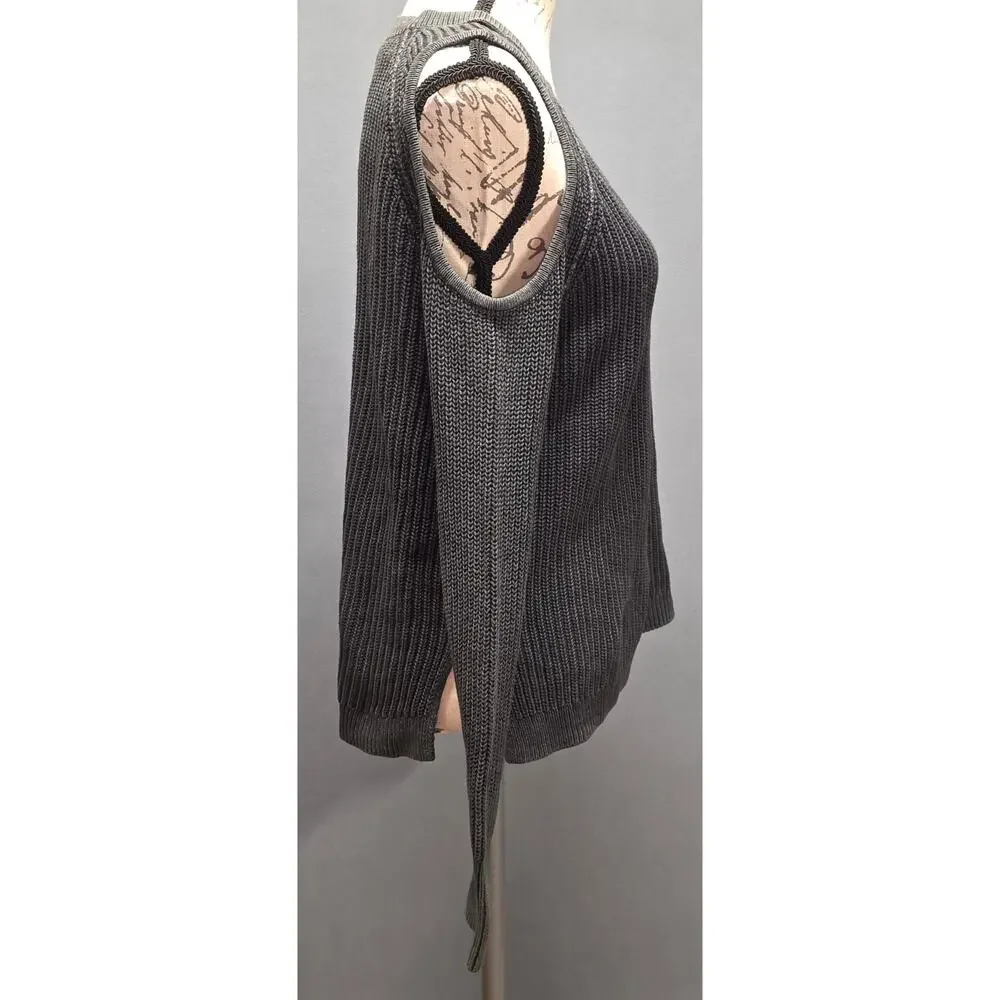 Hollister Womens Small Cold Shoulder Ribbed Sweater Chunky Knit Crew Gray Small